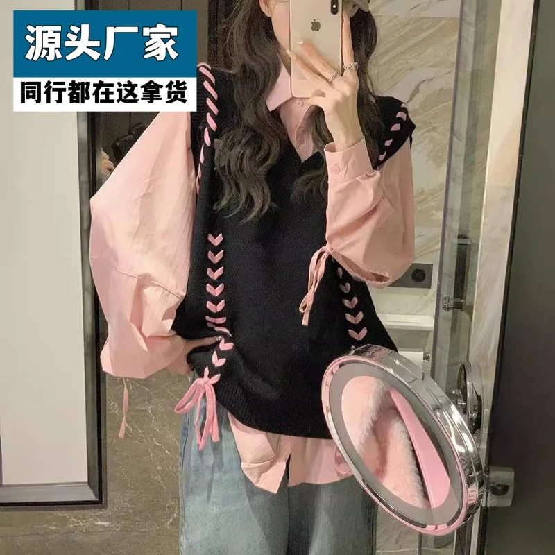 梵乐芬两件套装/学院风蝴蝶设计感绑带V领针织马甲背心毛衣女叠穿