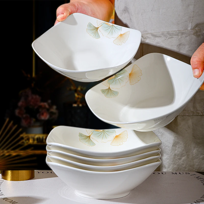 金银杏叶8英寸翘角碗6只装陶瓷釉下彩菜盘简约深盘多功能餐具