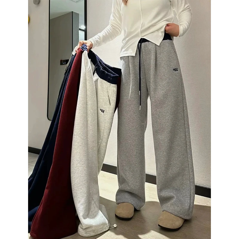 加绒加厚阔腿裤设计感撞色高腰休闲卫裤女秋冬宽松百搭直筒裤WX