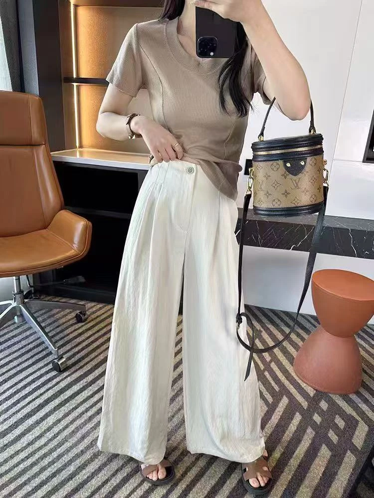 夏季新款小个子阔腿裤女薄款透气垂感高腰宽松慵懒风显瘦长裤07