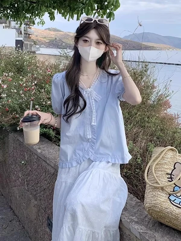 蓝色短袖减龄上衣女夏季2025新款多巴胺小众法式甜美娃娃衫衬衫