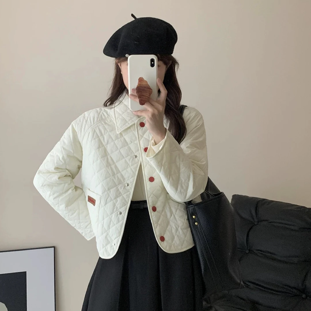 韩系撞色翻领菱格棉服冬季复古保暖减龄简约外套上衣女