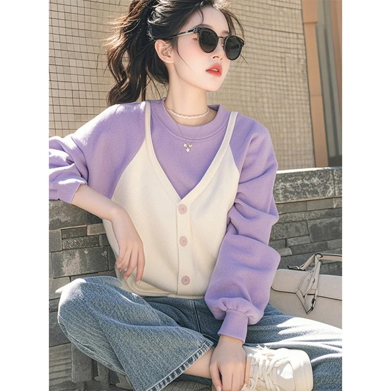 独特假两件上衣女春季2025新款宽松显瘦超好看时尚撞色慵懒风卫衣