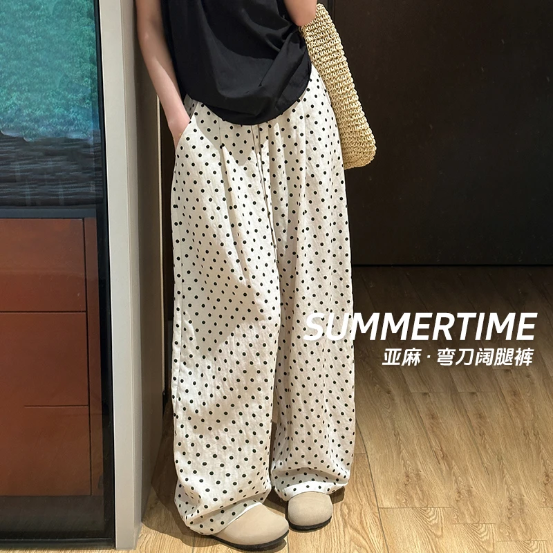 天丝亚麻波点阔腿裤女2025年夏季薄款宽松高腰显瘦休闲阔腿弯刀裤