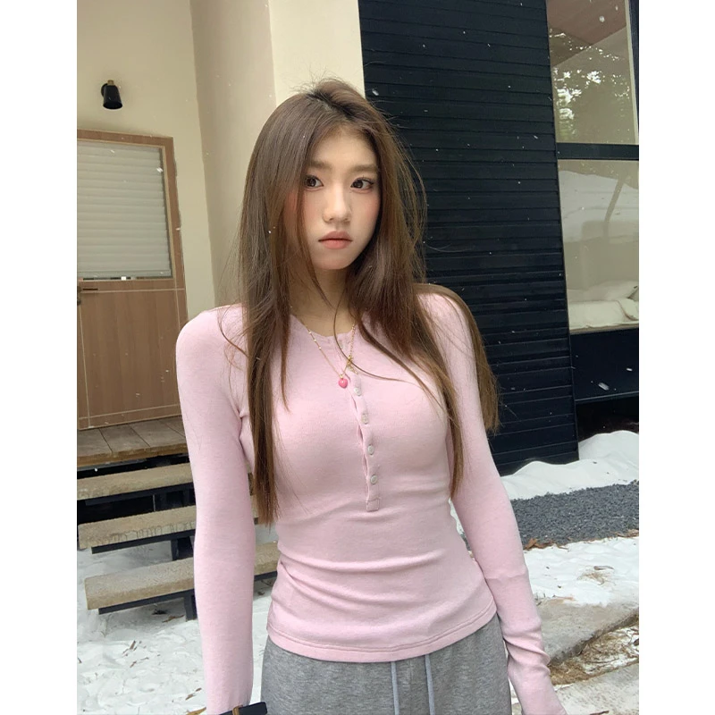 橘子树在哪儿韩系修身显瘦长袖上衣女秋款纯色半排扣紧身百搭打底