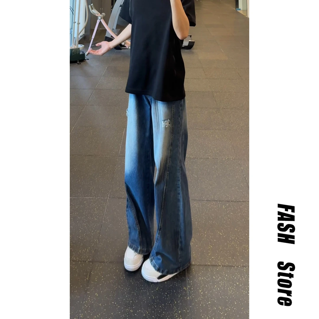 浅色抓痕休闲牛仔裤男美式复古春季设计感潮牌水洗宽松阔腿长裤子