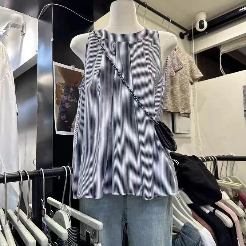 时尚无袖小众女装宽松型条纹韩版百搭简约通勤通勤