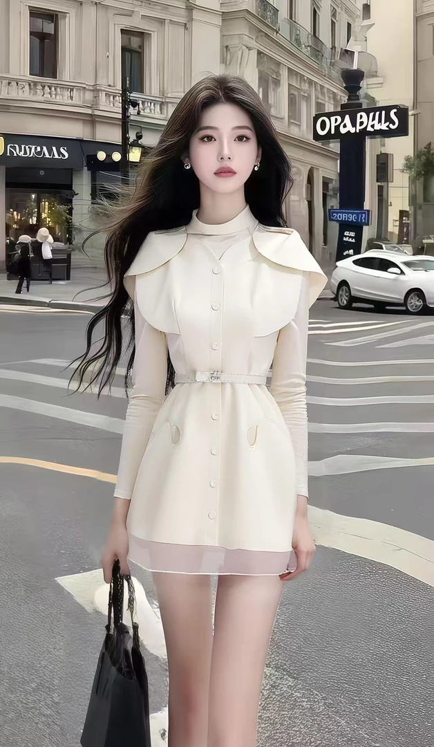 法式休闲风气质短裙杏色圆领长袖修身收腰系带设计感显瘦连衣裙女