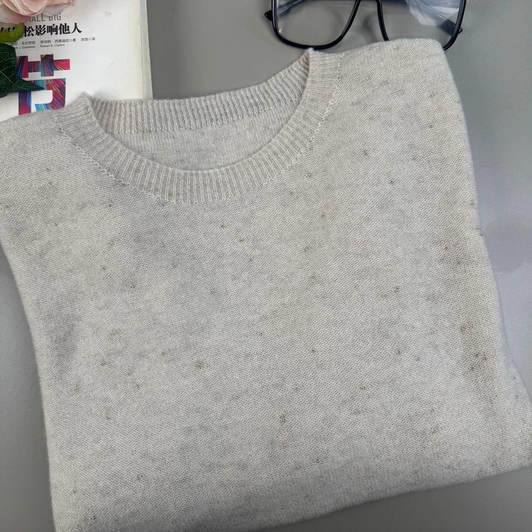 100绵羊毛无缝金豆纱圆领针织衫女士亲肤长袖打底上衣M171