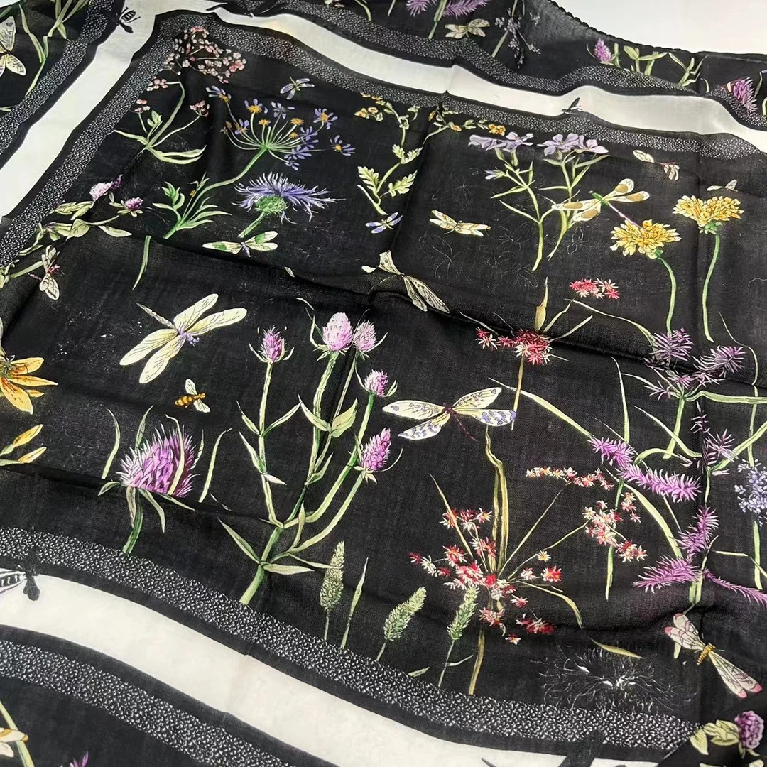 1米羊绒蕾丝边方巾-蜓飞花丛 95cm丝巾