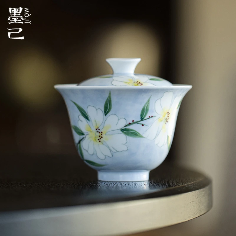 墨己墨染蓝色清蓝花境盖碗功夫茶具家用泡茶薄胎仿烫盖碗泡茶碗