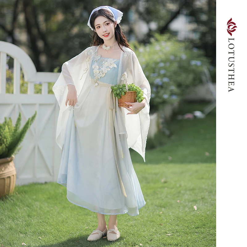 汉尚华莲原创汉服女汉元素漫漫天青刺绣披肩改良连衣裙