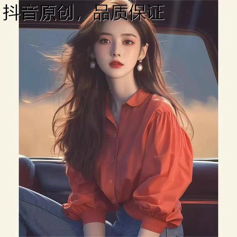 意尔 康2025夏季韩系独特别致小衫感上衣洋气减龄绝美红色泡泡袖