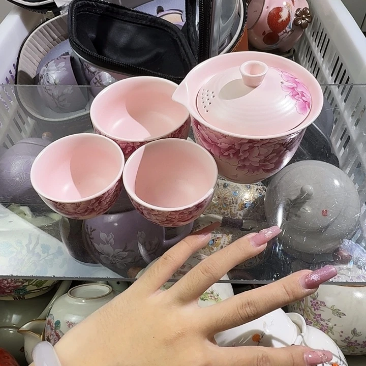 粉色牡丹三杯旅行茶具
