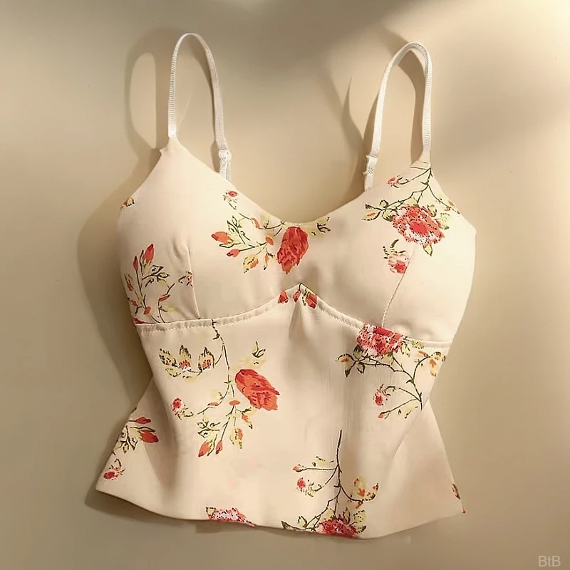 短款女背心百搭显瘦一体式胸垫打底美背碎花吊带2025修身新款内搭