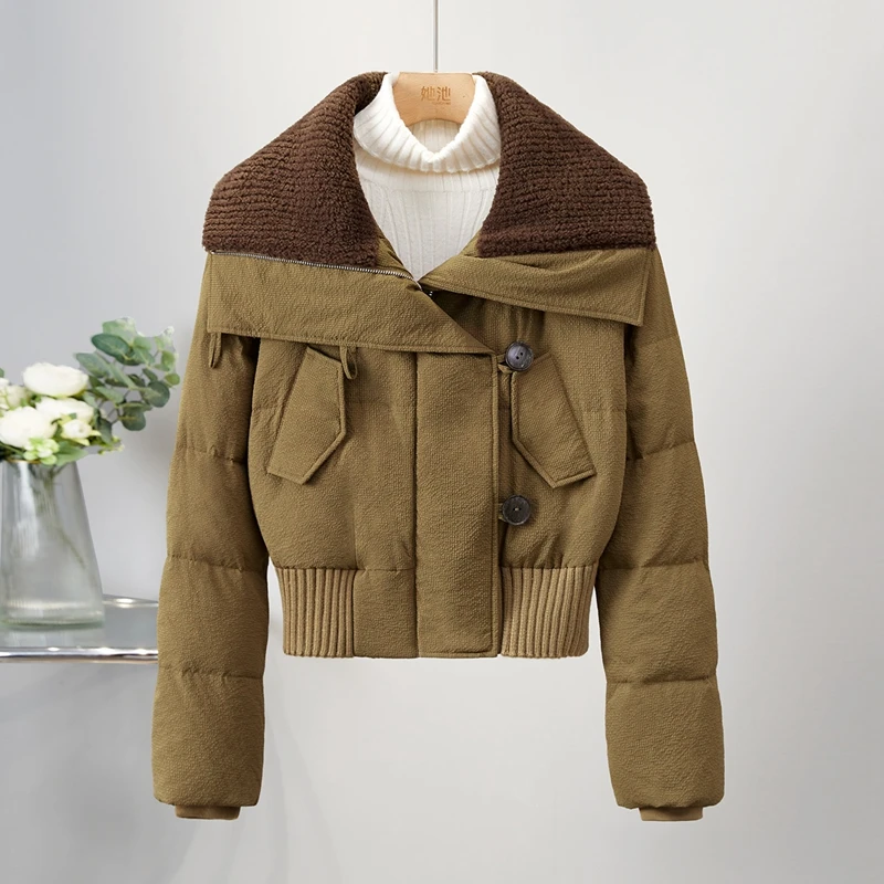 她池2025冬新款女时尚设计感撞色拼接防风短款羽绒服T34Q4581Y