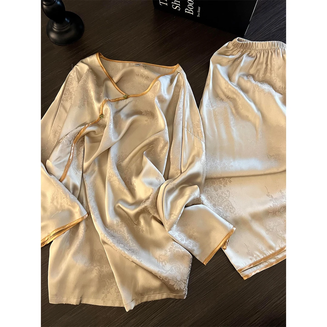 新中式复古禅意风冰丝缎面睡衣女春秋新款宽松舒适长袖家居服套装