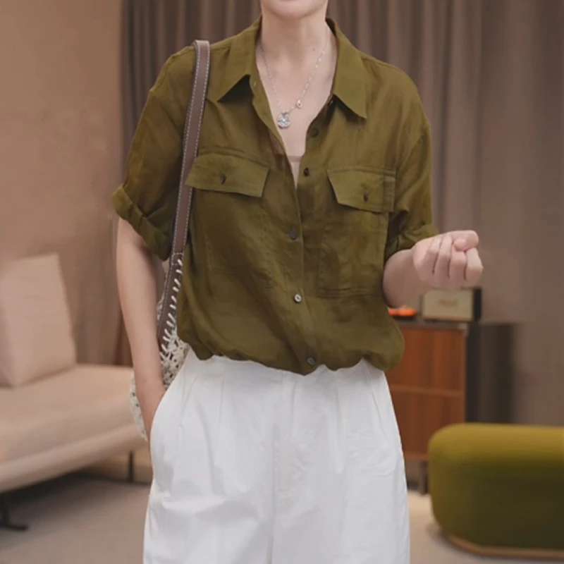 气质简约纯色polo领衬衫女新款轻薄凉感透气通勤显瘦单排扣上衣夏