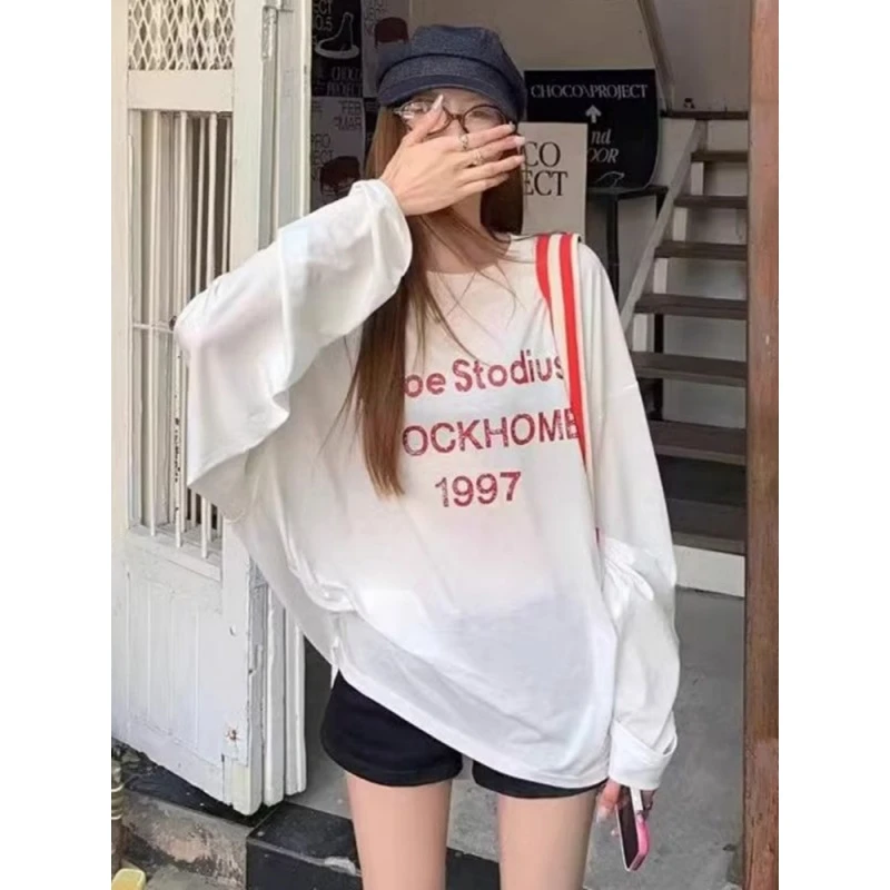 韩系慵懒风字母印花白色长袖T恤女夏季薄款防晒罩衫休闲宽松上衣