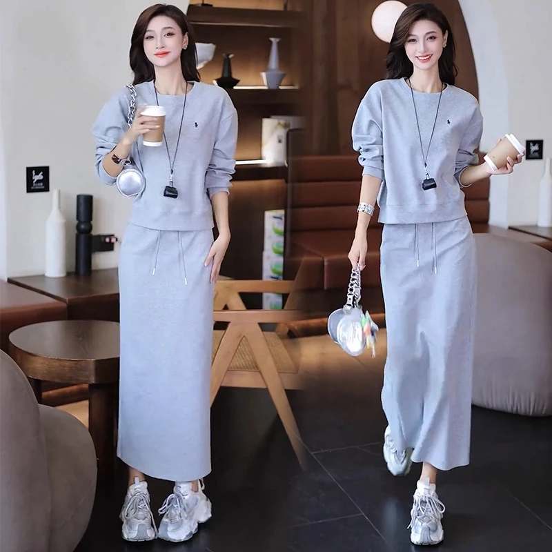 休闲运动套装女2025秋季新款洋气显瘦刺绣圆领卫衣半身裙裤两件套