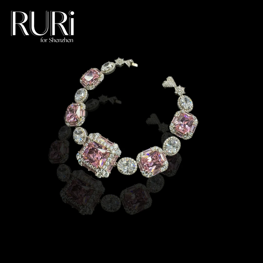 925银合成锆石手链 RURI 时尚晶体粉拼白方形镶嵌石手链 A1102