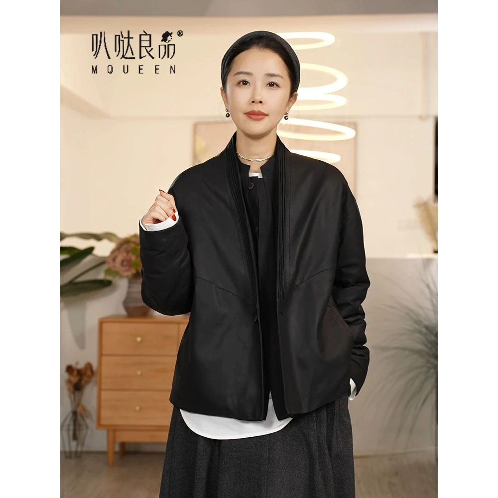 【叭哒不惑】女商 哑光闭绒羊皮+汉麻鹅绒假两件V领女秋冬中式外套