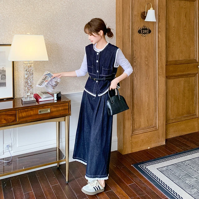 一整套ootd穿搭减龄高级感牛仔马甲阔腿裤三件套2025新款休闲套装