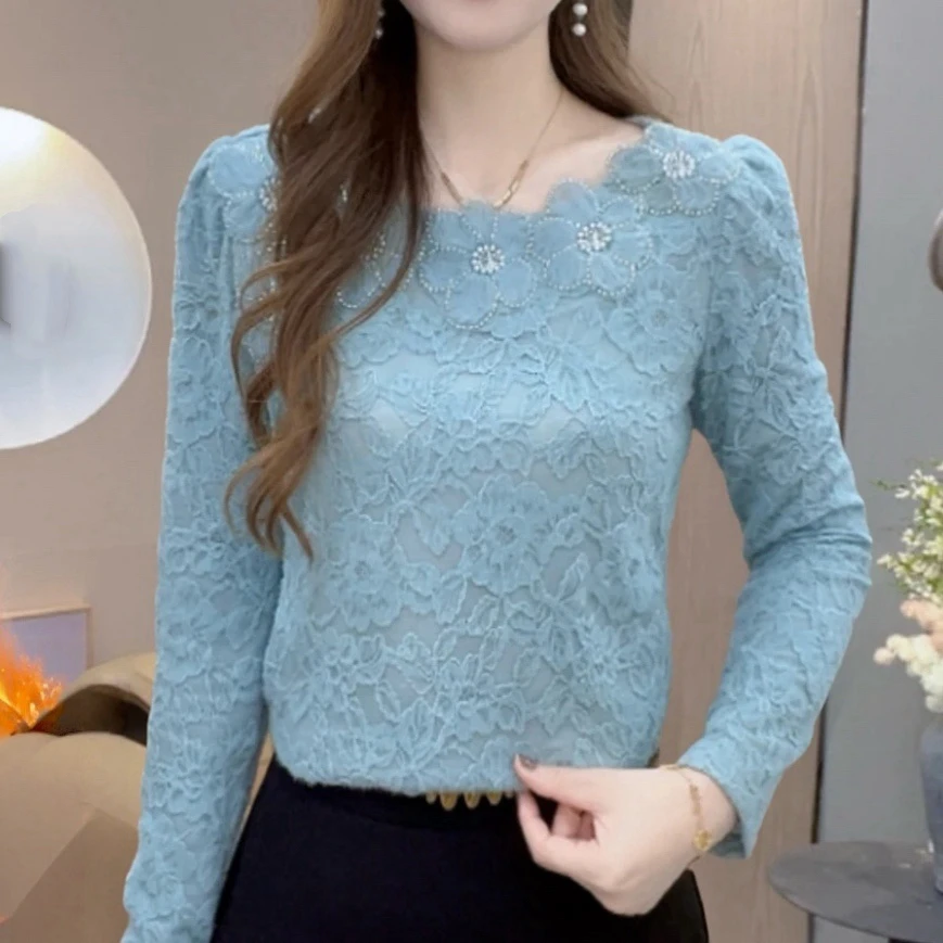 洋气磨毛蕾丝长袖打底衫女冬季2025新款百搭时尚修身保暖减龄上衣
