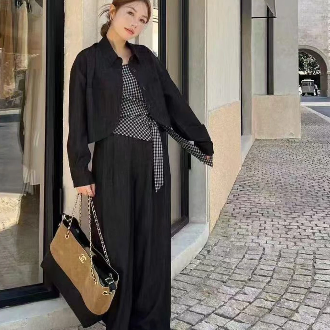 秋季爆款格子衫牛仔吊带外套搭配慵懒休闲阔腿裤三套装