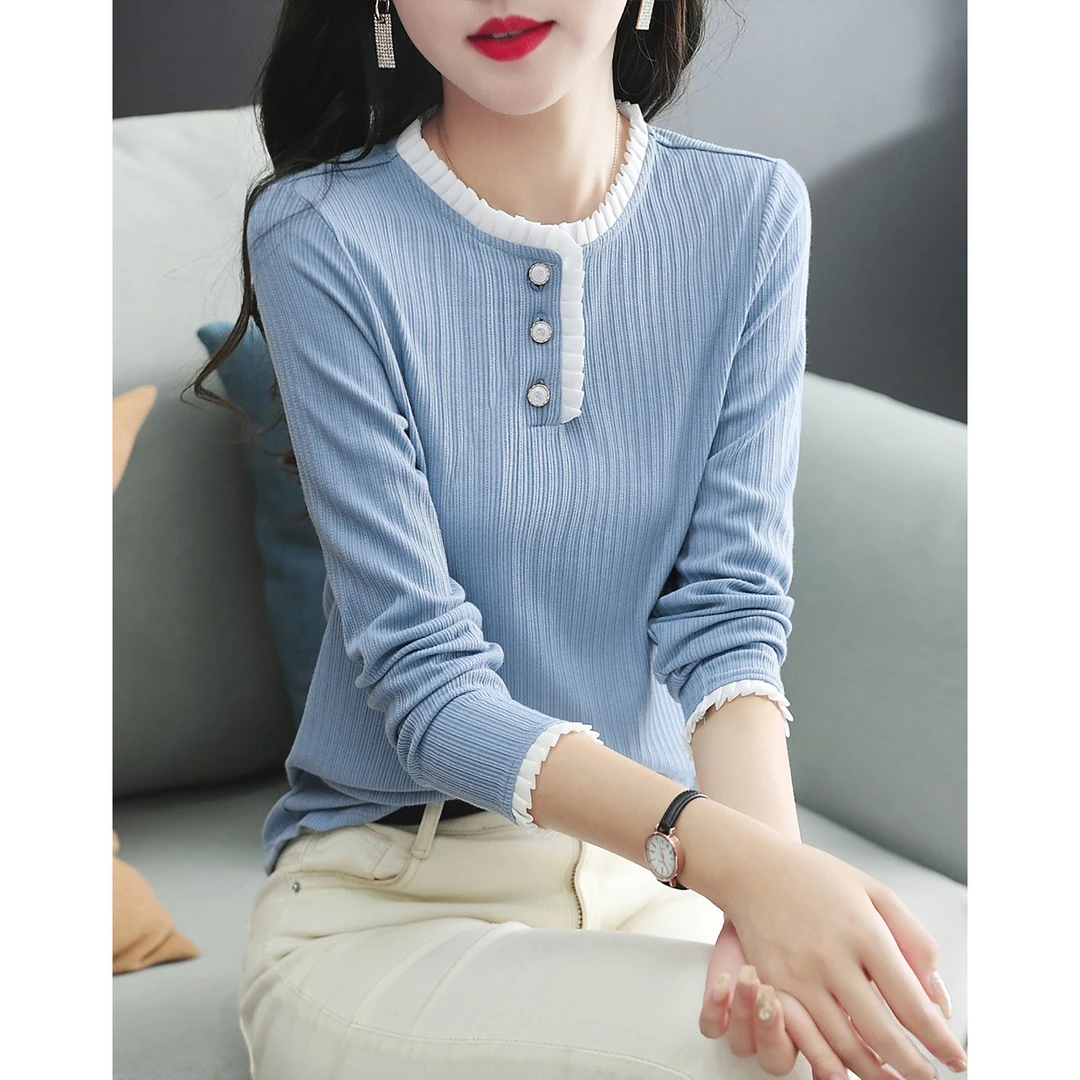 沫晗依美木耳边T恤2025秋季长袖坑条重工纽扣设计百搭时尚女0244