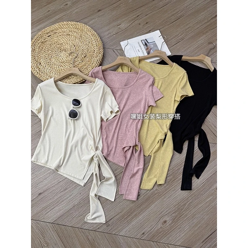 【海王T】韩版显瘦方领绑带收腰短袖T恤女宽松百搭不规则上衣夏薄