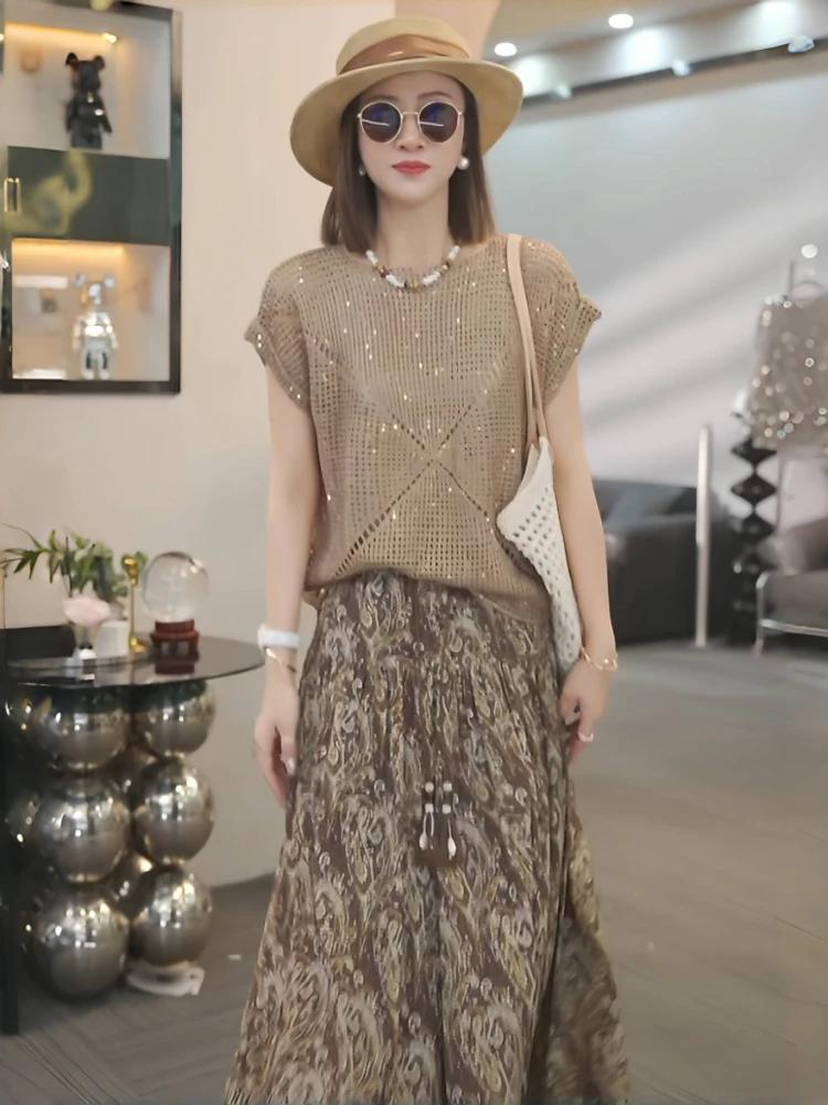 夏季穿搭一整套女2025新款设计感针织短袖配气质显瘦半身裙两件套