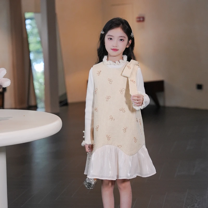 80795女童连衣裙公主裙女童2025新款秋蝴蝶结飘带富家千金感裙子