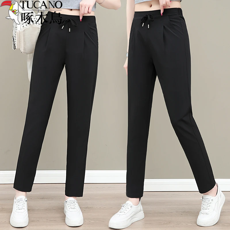 TUCANO/啄木鳥夏季薄款冰丝裤女显瘦高腰休闲弹力透气直筒裤百搭
