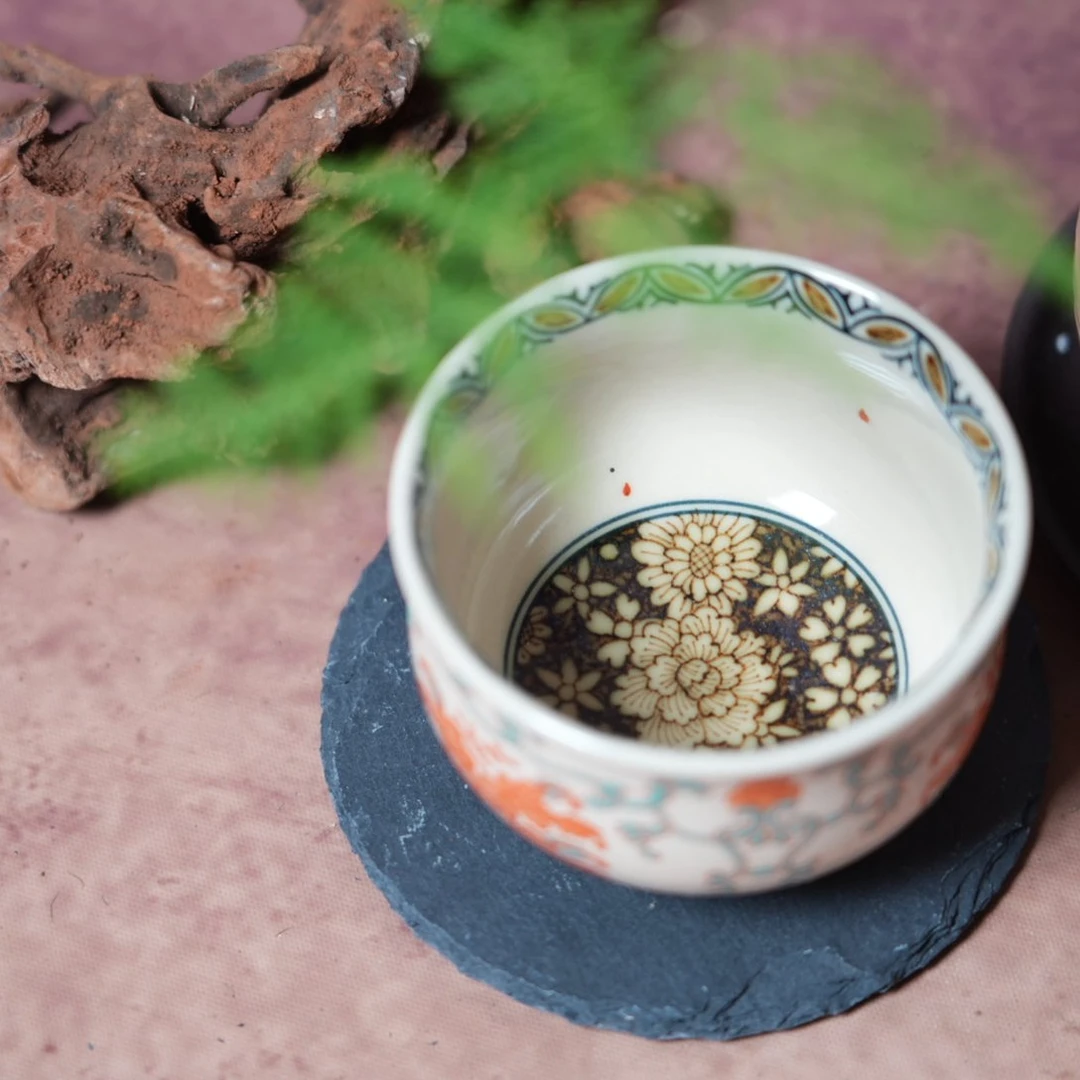 景德镇陶瓷-成龙红绿彩桂花缠枝莲炉式杯