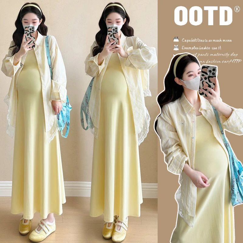 【晚媛若】2025夏季新款孕妇法式穿搭蕾丝拼接防晒衬衫吊带裙连衣裙