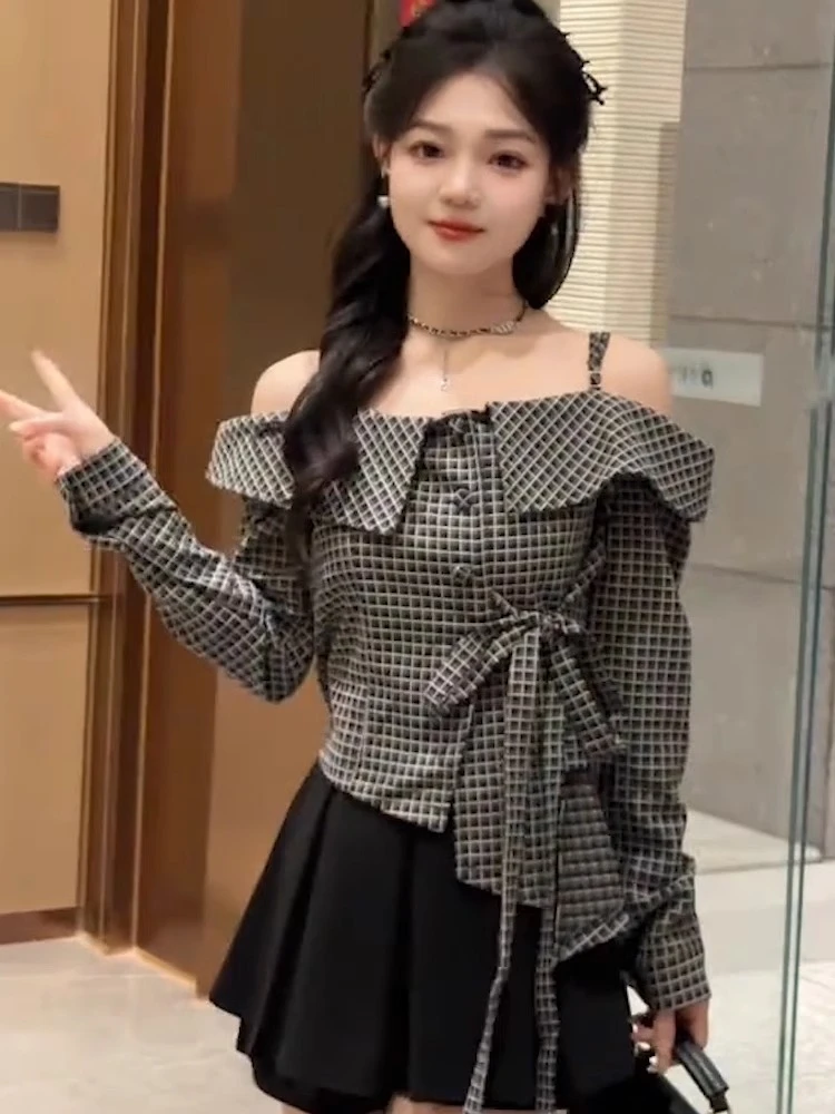 一字领格子衬衫女2025春季新款修身不规则蝴蝶结气质显瘦吊带上衣