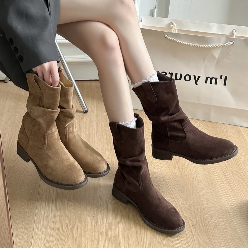 西部褶皱短靴女堆堆靴2025新款秋冬复古英伦风小个子中筒马丁靴女