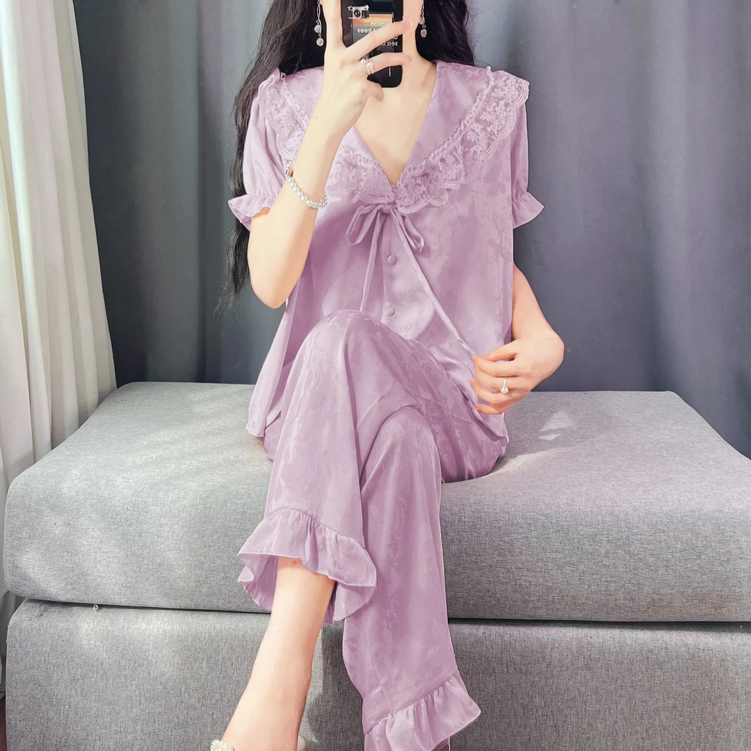 夏季冰丝提花睡衣宫廷风蕾丝花边女士家居服套装