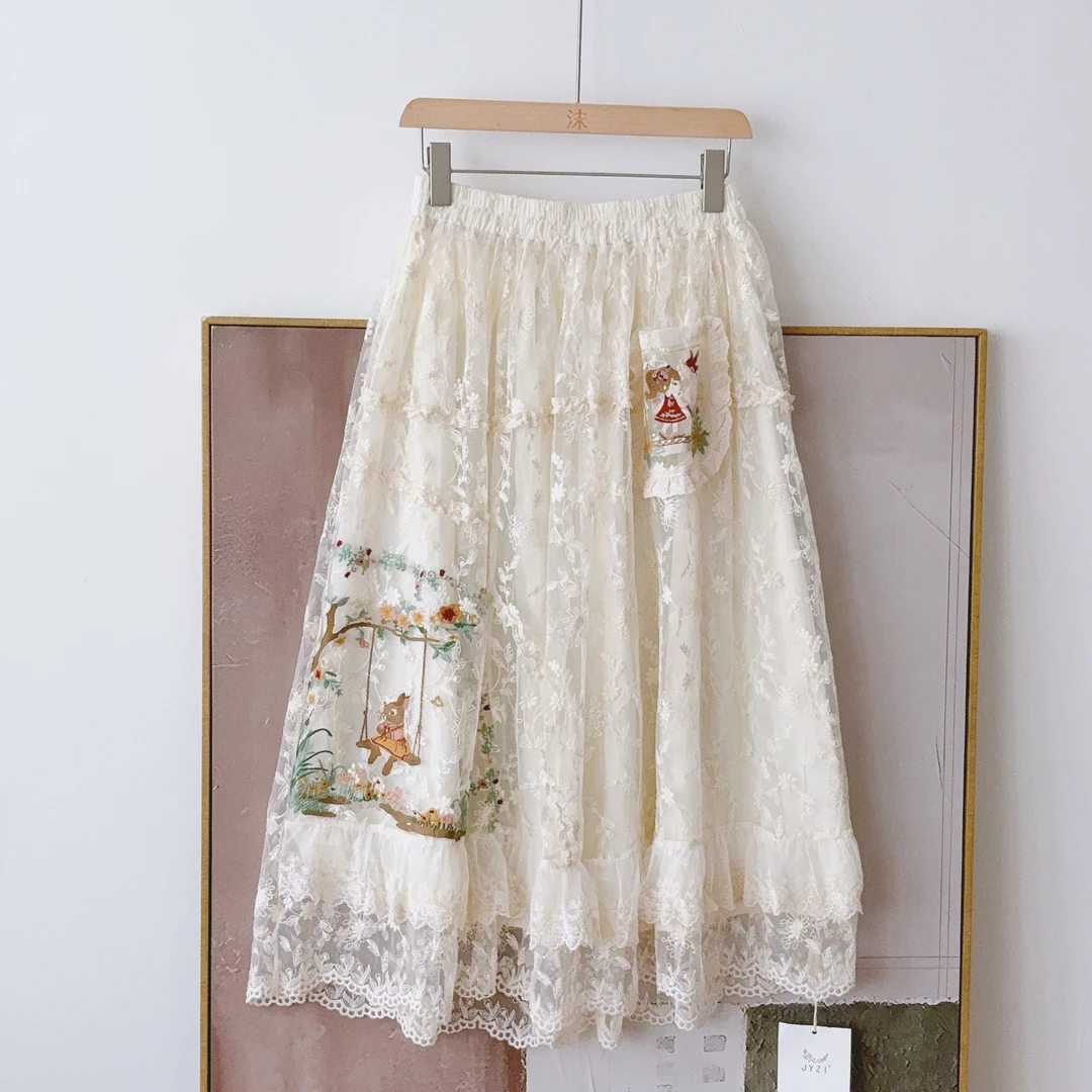 半身裙 森日系甜美刺绣自然腰口袋重工绣花百搭小众蕾丝裙子39769