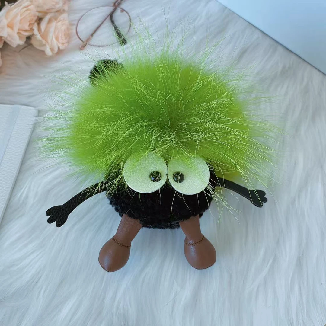 可爱真狐狸毛羊毛小煤球大眼睛炸毛丑娃娃汽车内饰超萌精灵包挂件