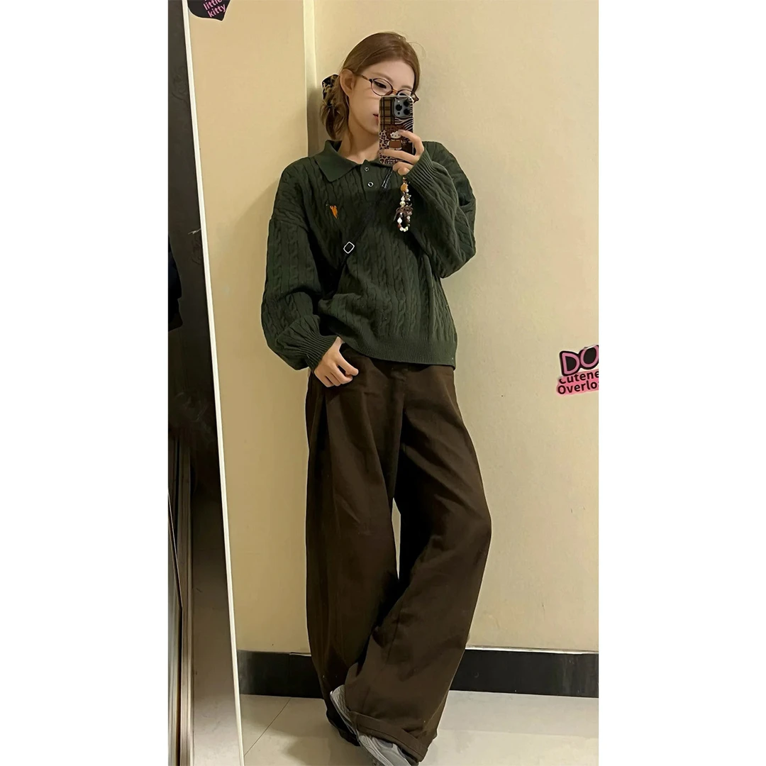 韩系麻花针织衫毛衣高腰牛仔裤套装女春秋季软糯上衣阔腿裤两件套