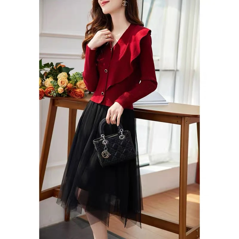 不规则荷叶花边V领针织毛衣上衣+网纱半裙套装#657