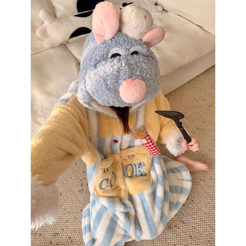 可爱卡通料理鼠王睡衣女款秋冬季新款珊瑚绒加厚冬天袍家居服套装