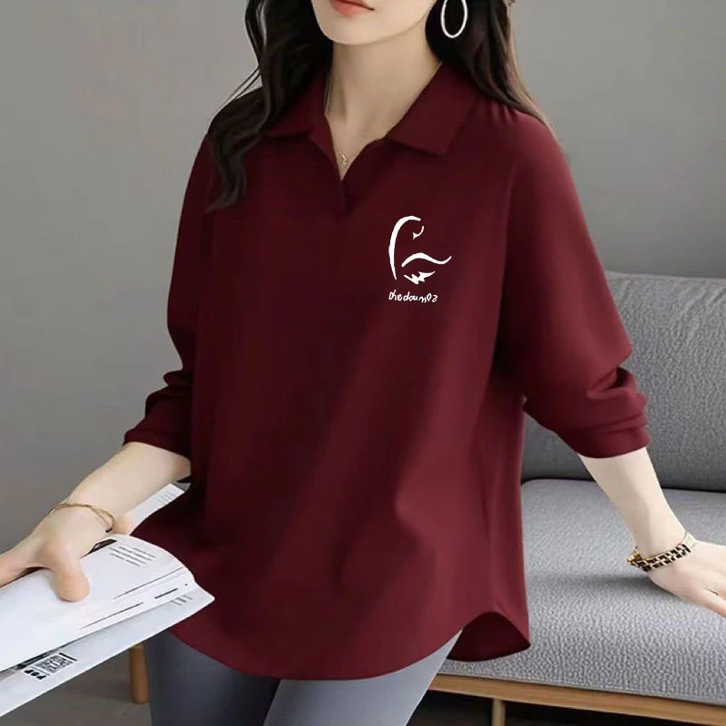 100%纯棉宽松春秋新款弧形下摆洋气简约减龄翻领T恤女长袖POLO衫