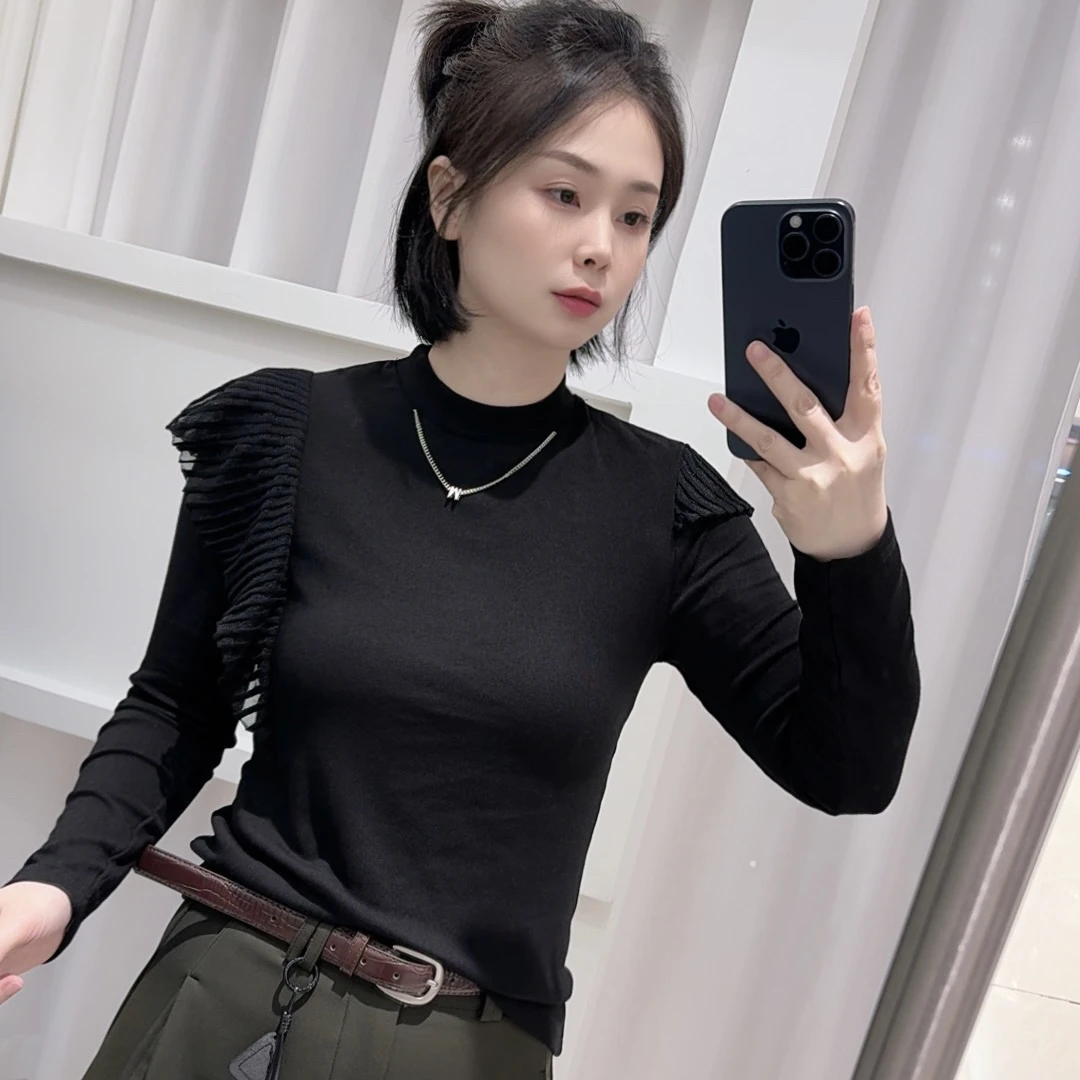 【6508】秋冬设计感轻熟风网红时尚女打底衫T恤荷叶边显瘦上衣