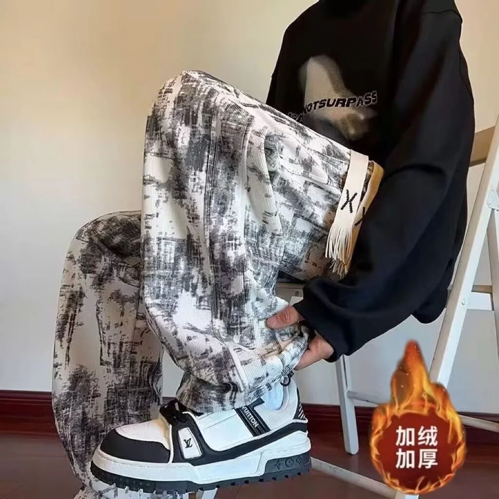 直筒美式高街扎染休闲裤男加绒加厚款秋冬潮牌古着裤子高级感运动