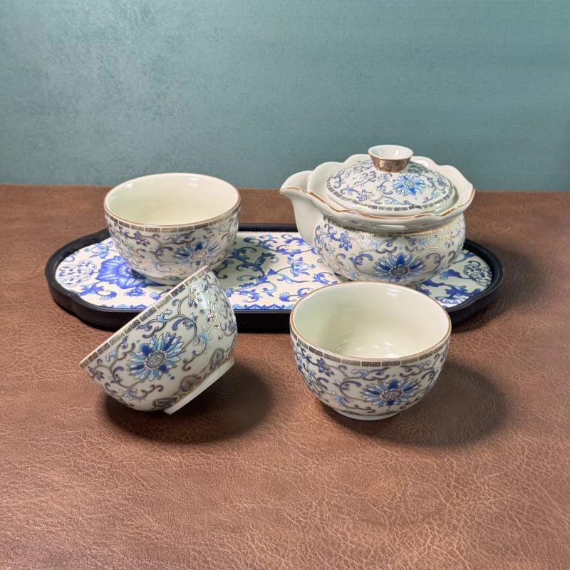 米黄汝缠枝莲手抓壶+三杯+吸水干泡盘 3202直播专享