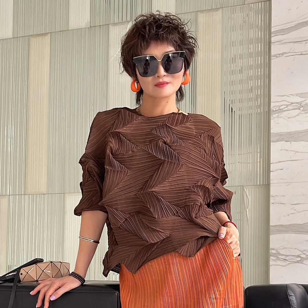 春夏新款花苞海胆钻石褶套头纯色夏季蝙蝠袖上衣简约独特漂亮小衫