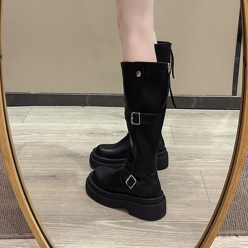 时尚百搭厚底增高长筒靴女2025秋季新款美拉德英伦风骑士靴机车靴